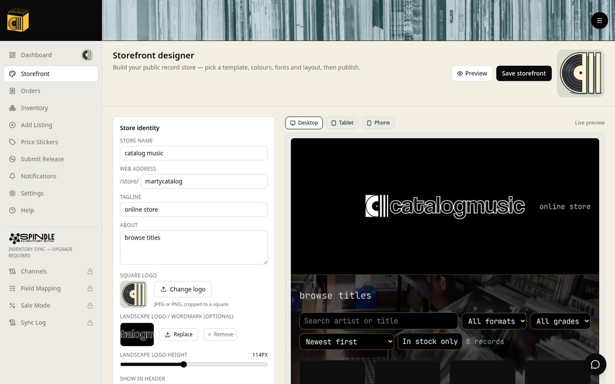 The Catalog Music storefront designer with live preview
