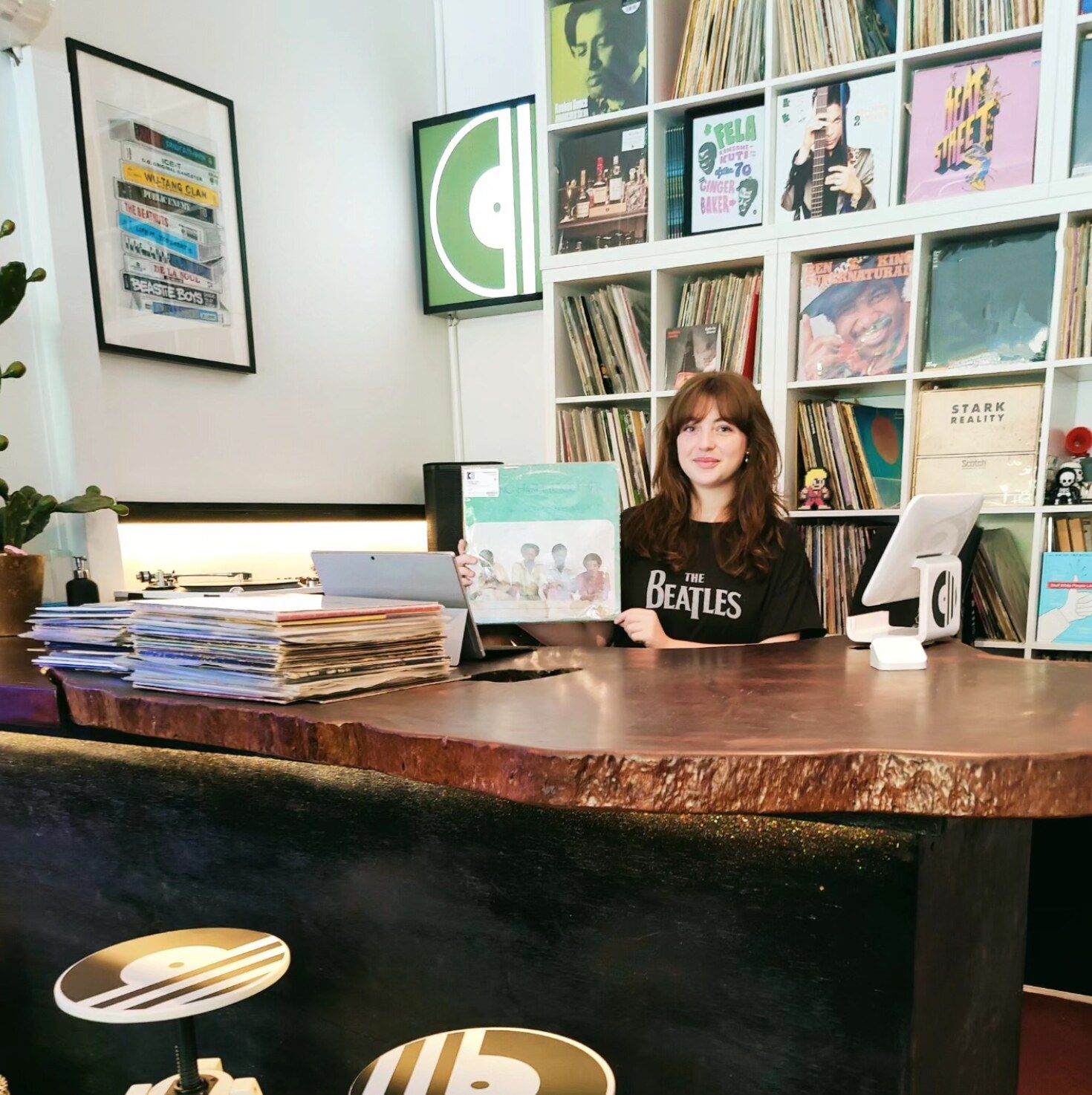 beatles tee at counter
