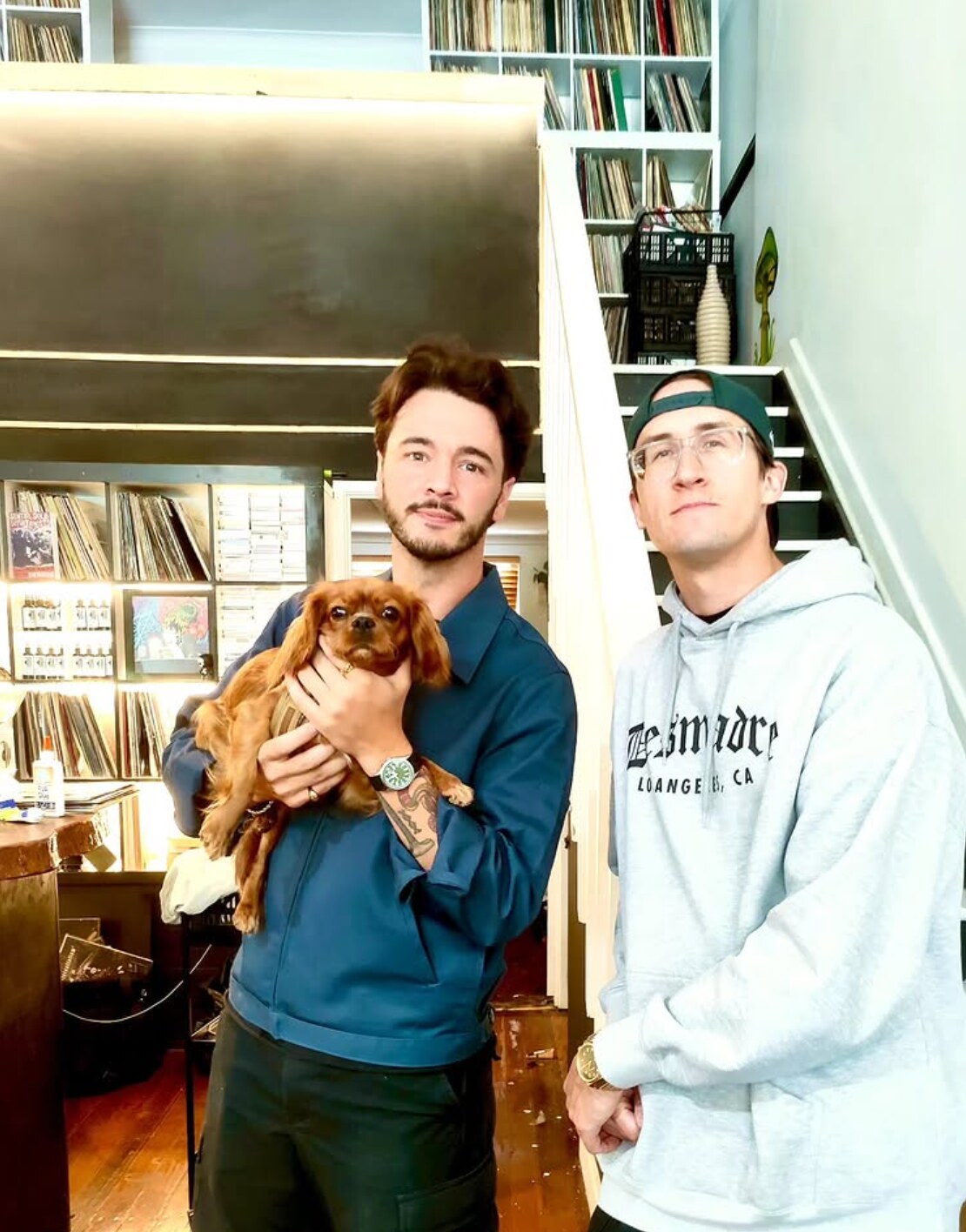 two people with dog portrait